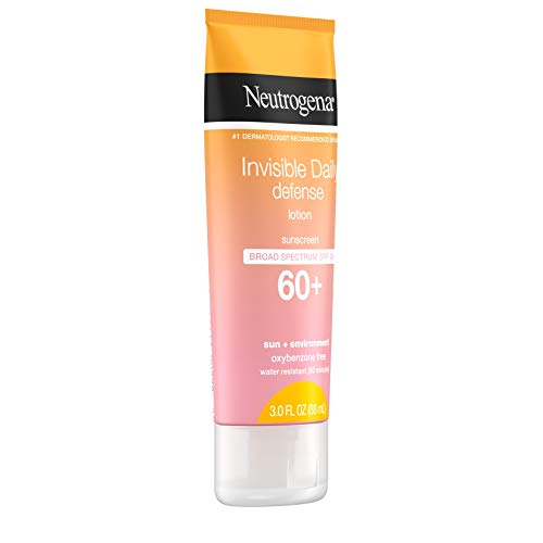 Neutrogena Invisible Daily Defense Sunscreen Lotion packaging close-up highlighting SPF and features.
