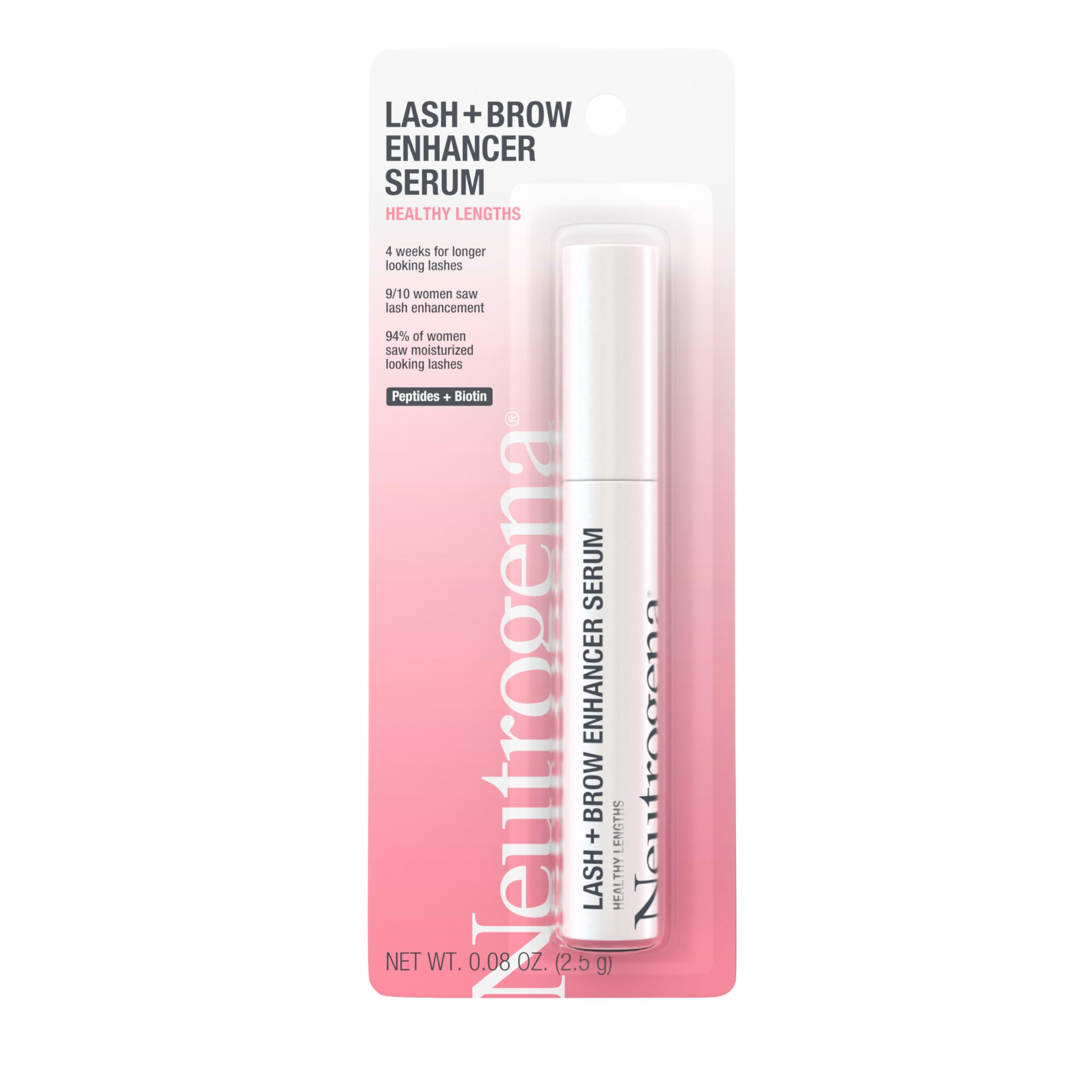 Neutrogena Lash + Brow Serum bottle closeup for daily conditioning and healthier-looking lashes