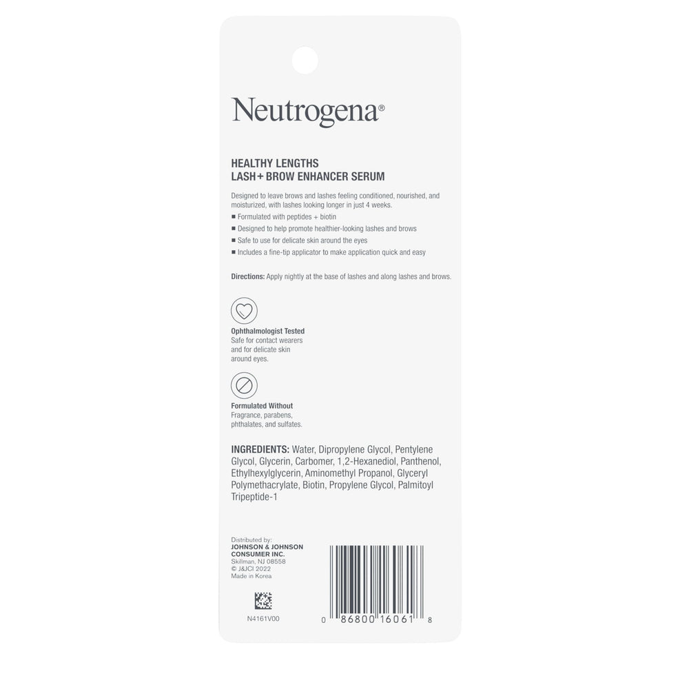 Neutrogena Lash + Brow Serum product on counter highlights sleek bottle design