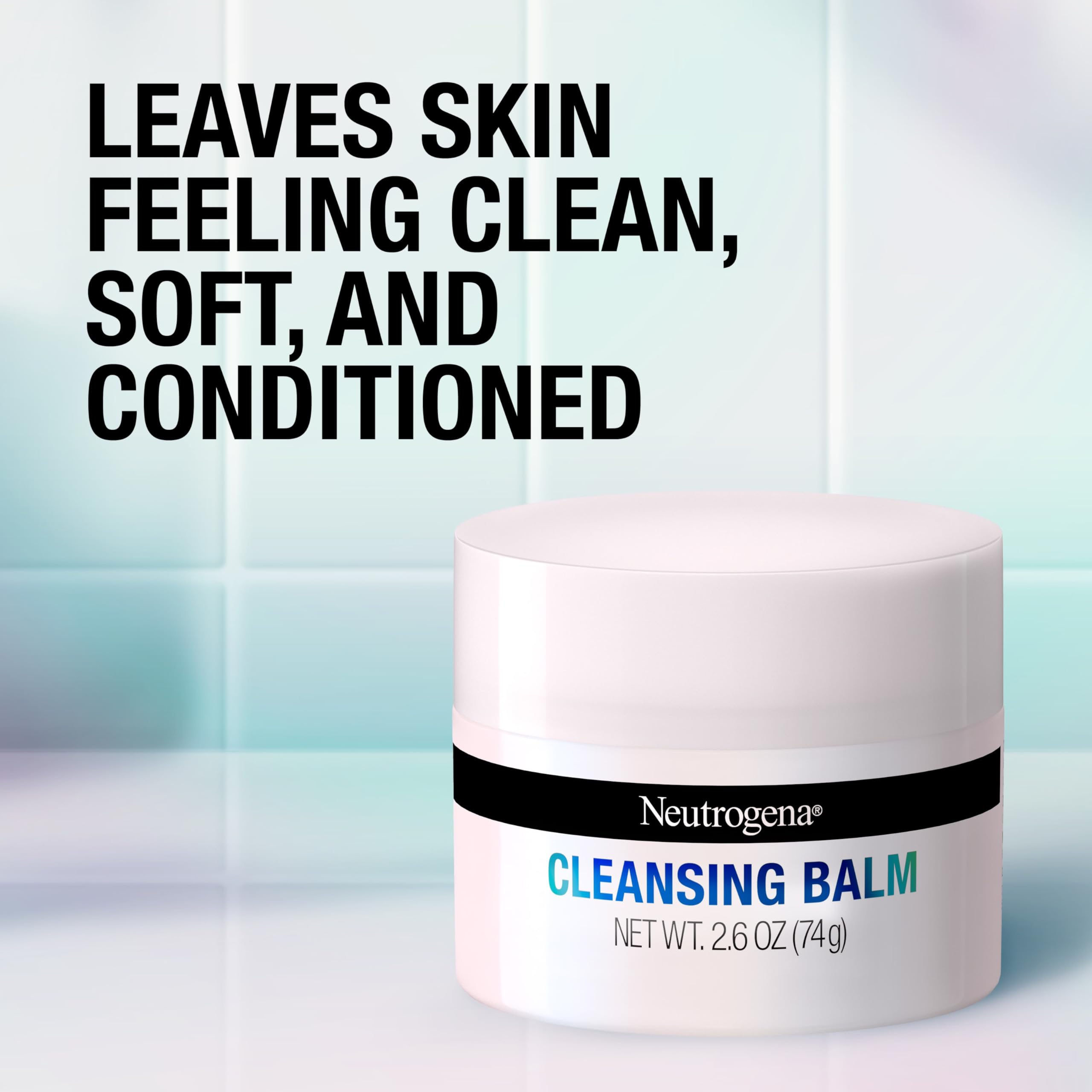 Neutrogena Makeup Melting Cleansing Balm jar on dry skin suggests gentle cleansing.
