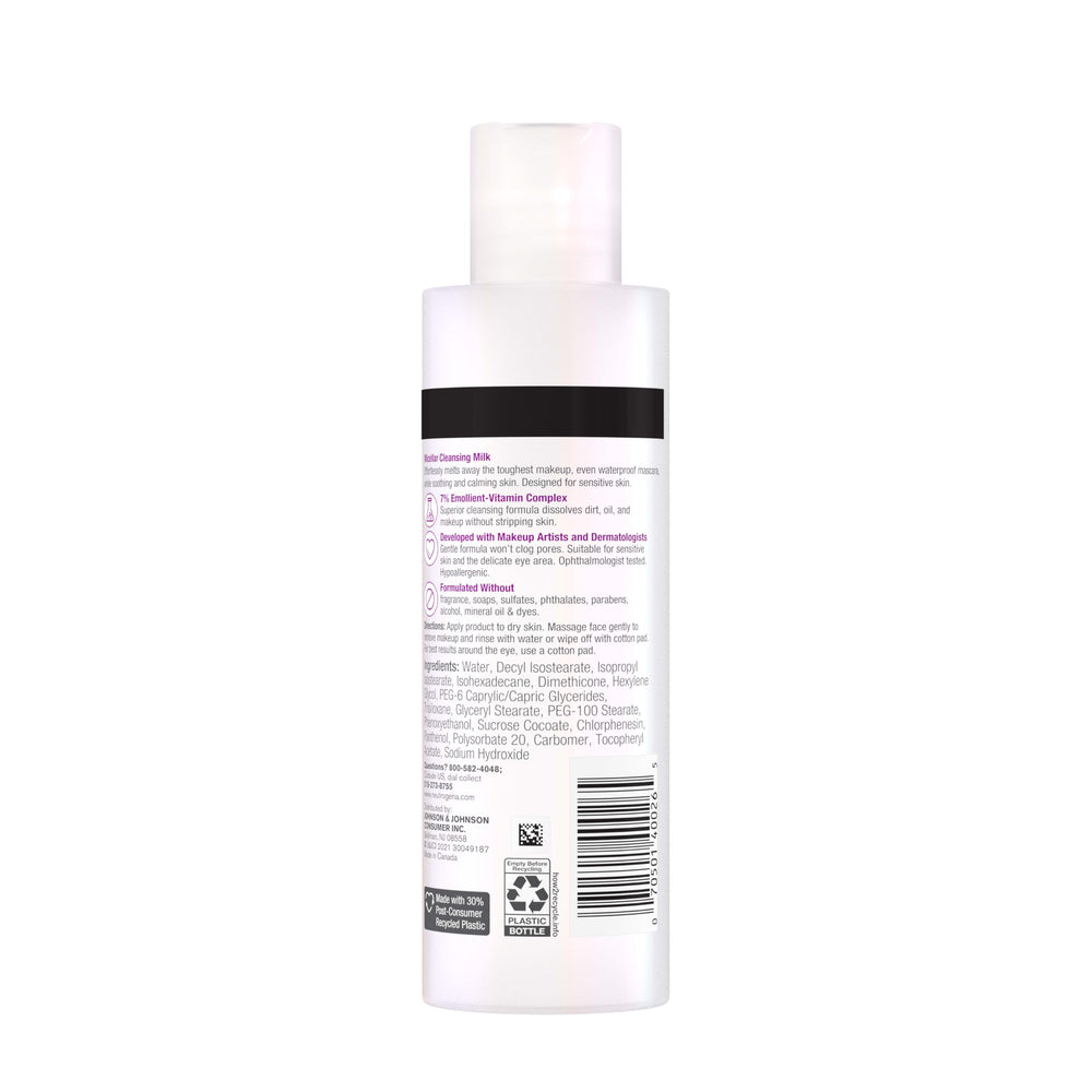 Cotton pad swiping with Neutrogena Micellar Milk for quick lip, eye, and face makeup removal.