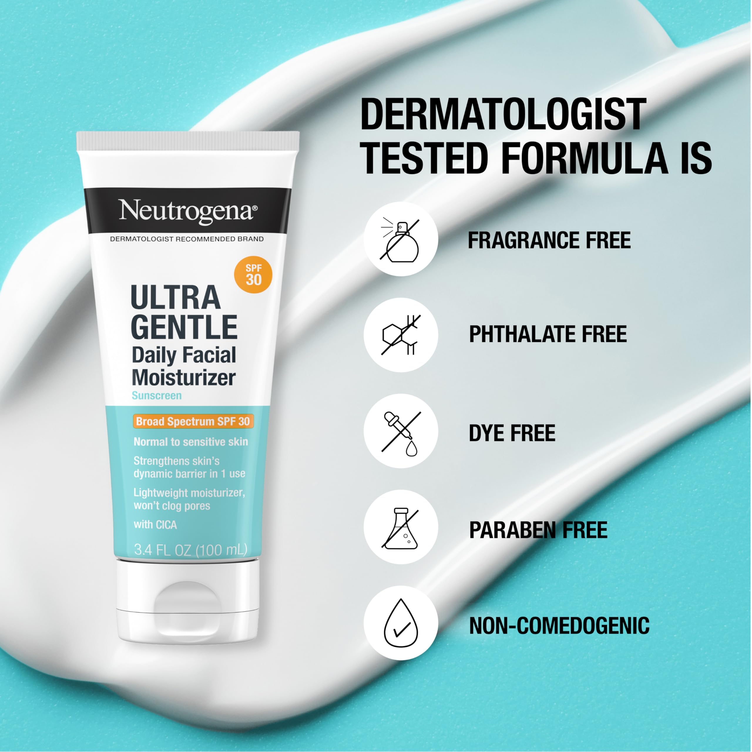 Neutrogena Ultra Gentle moisturizer worn under makeup, non-comedogenic feel.