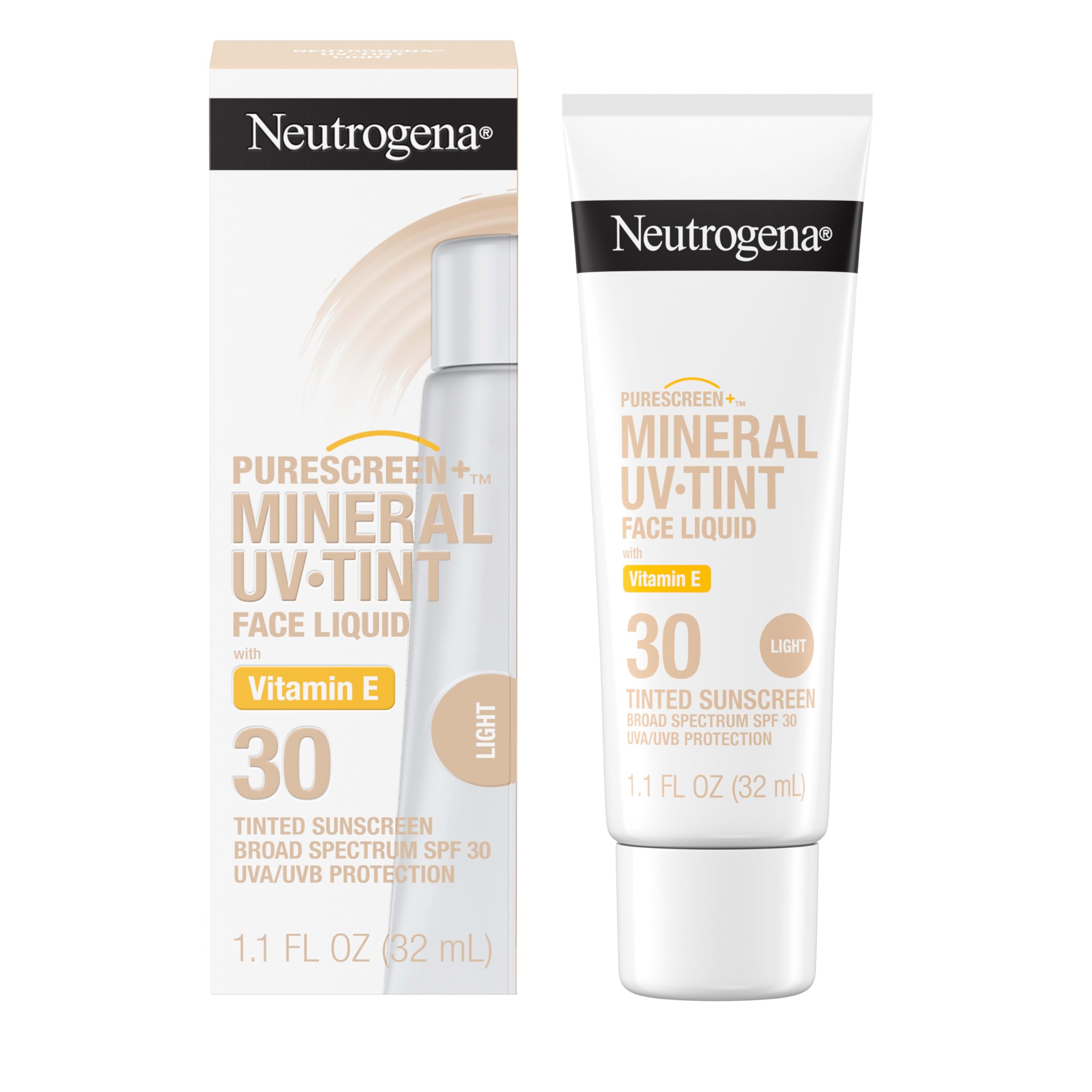 Neutrogena Purescreen+ swatches four shades demonstrating sheer tint and natural glow.