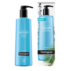 Neutrogena Rainbath hands, washcloth, and pouf application demonstrates easy lathering in the shower.