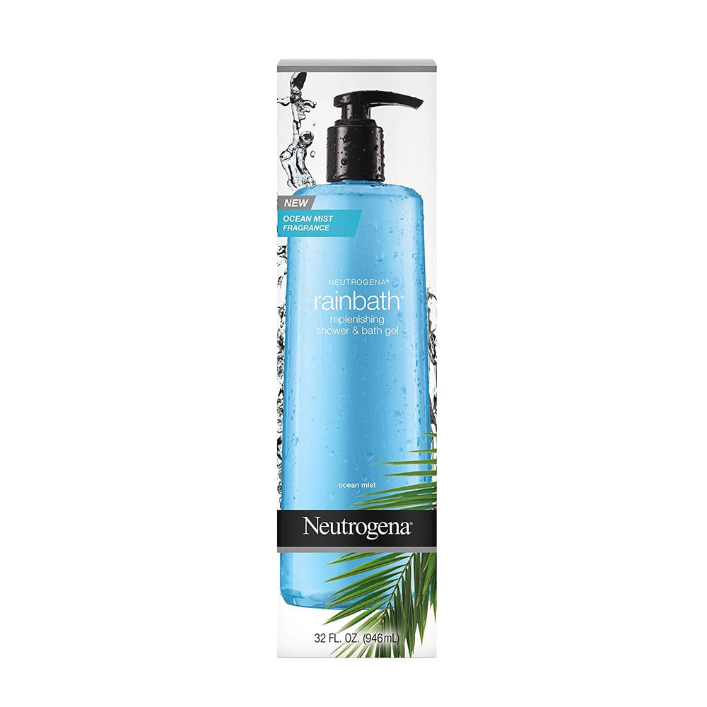 Neutrogena Rainbath Ocean Mist bottle label highlights scent and moisturizing formula.