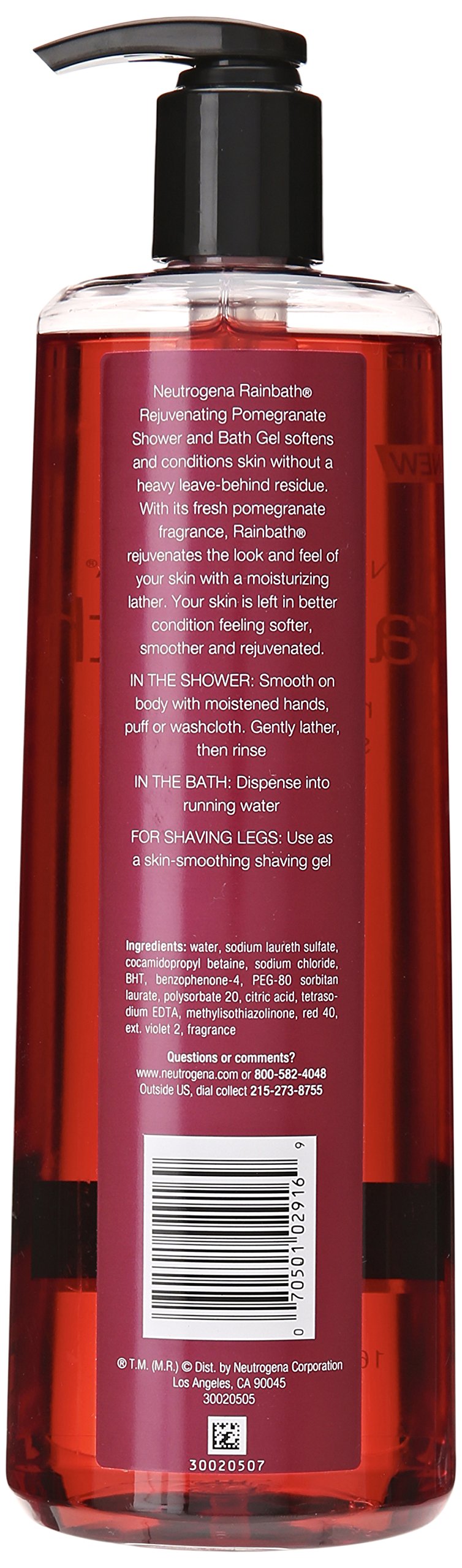 Neutrogena Rainbath Pomegranate bottle highlights fruity aroma and gentle cleansing.