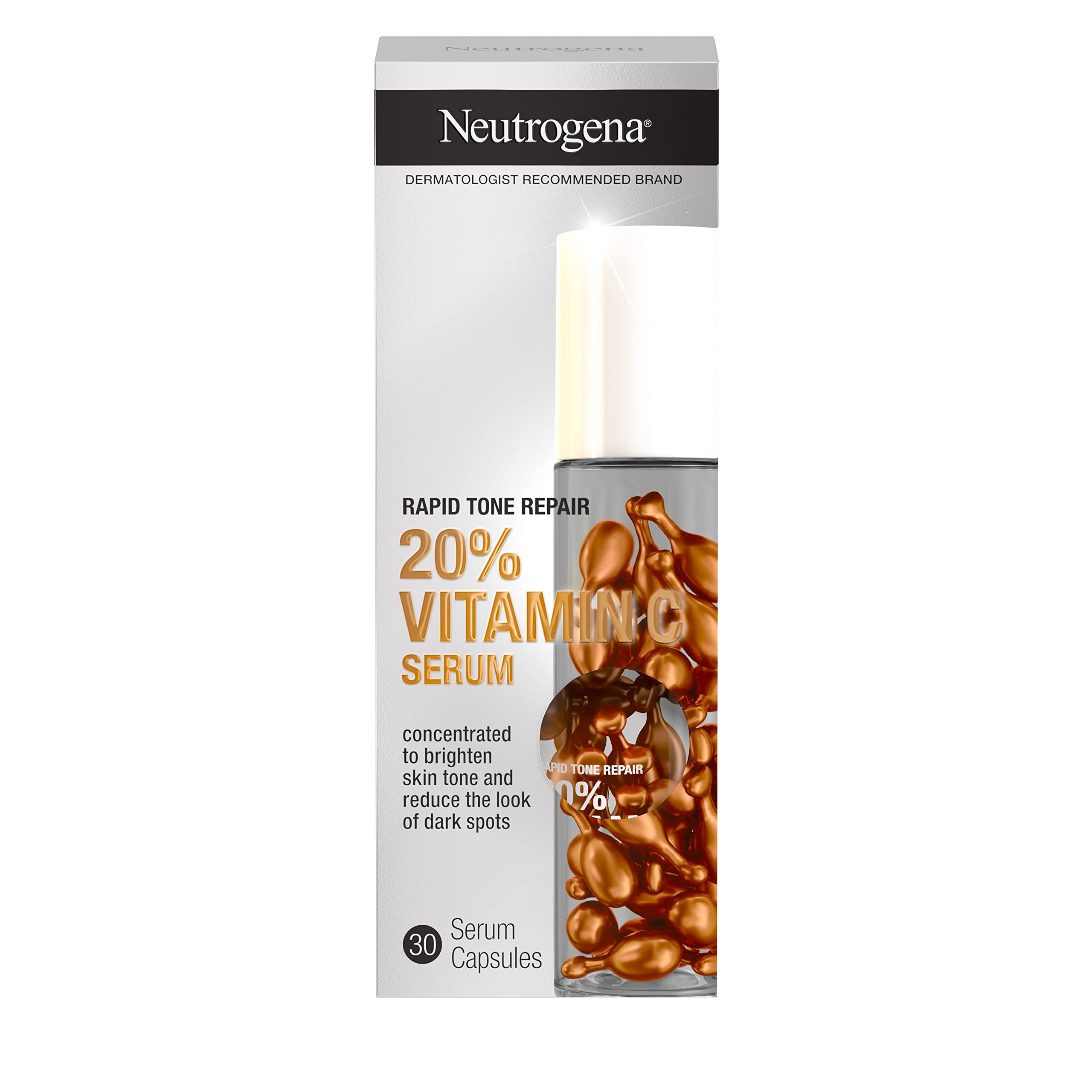 Neutrogena Rapid Tone Repair packaging illustrates a brightening skincare routine with vitamin C capsules.