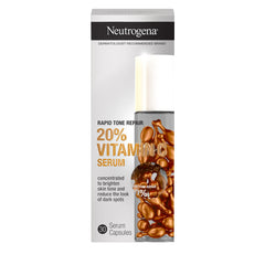 Neutrogena Rapid Tone Repair packaging illustrates a brightening skincare routine with vitamin C capsules.