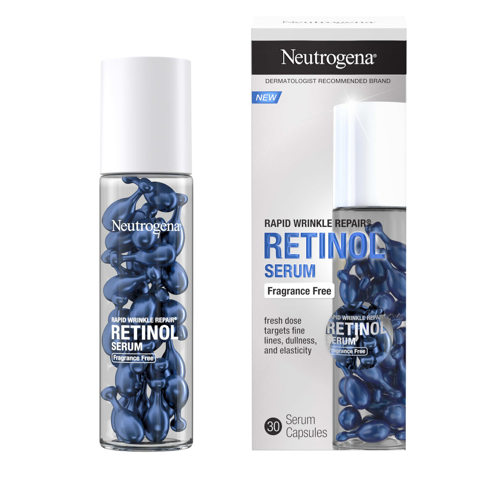 Neutrogena Rapid Wrinkle Repair bottle close-up showing fragrance-free retinol serum for daily care
