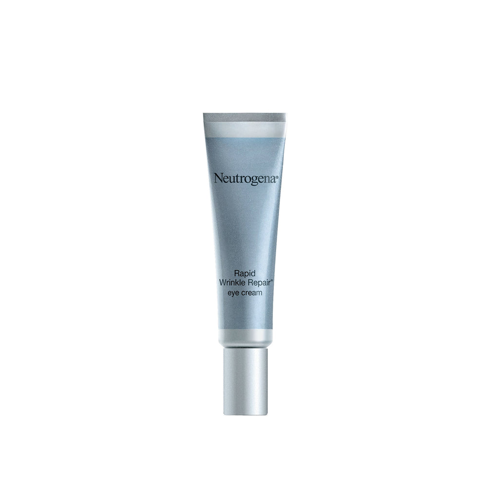 Neutrogena Rapid Wrinkle Repair eye cream tube closeup showing retinol and hyaluronic acid for smoother eye skin