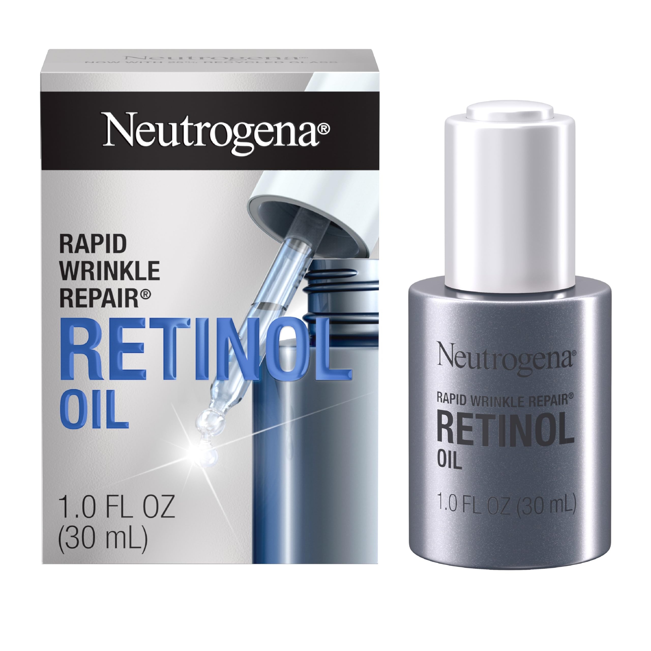 Neutrogena Rapid Wrinkle Repair Retinol Oil bottle close-up showing compact packaging for night use
