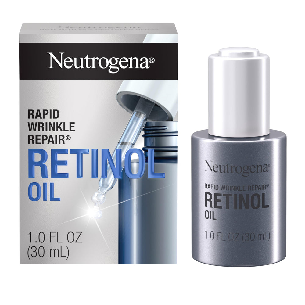 Neutrogena Rapid Wrinkle Repair Retinol Oil bottle close-up showing compact packaging for night use