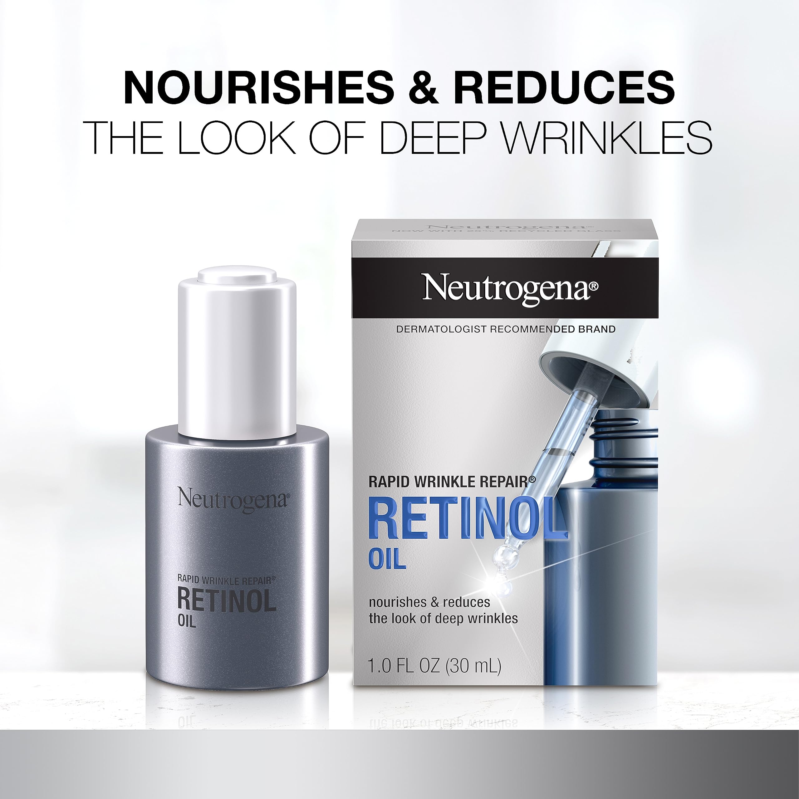 Regimen layout with Neutrogena Retinol Oil promoting integrated anti-aging routine