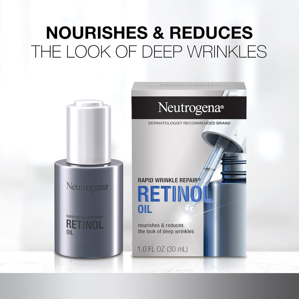 Regimen layout with Neutrogena Retinol Oil promoting integrated anti-aging routine