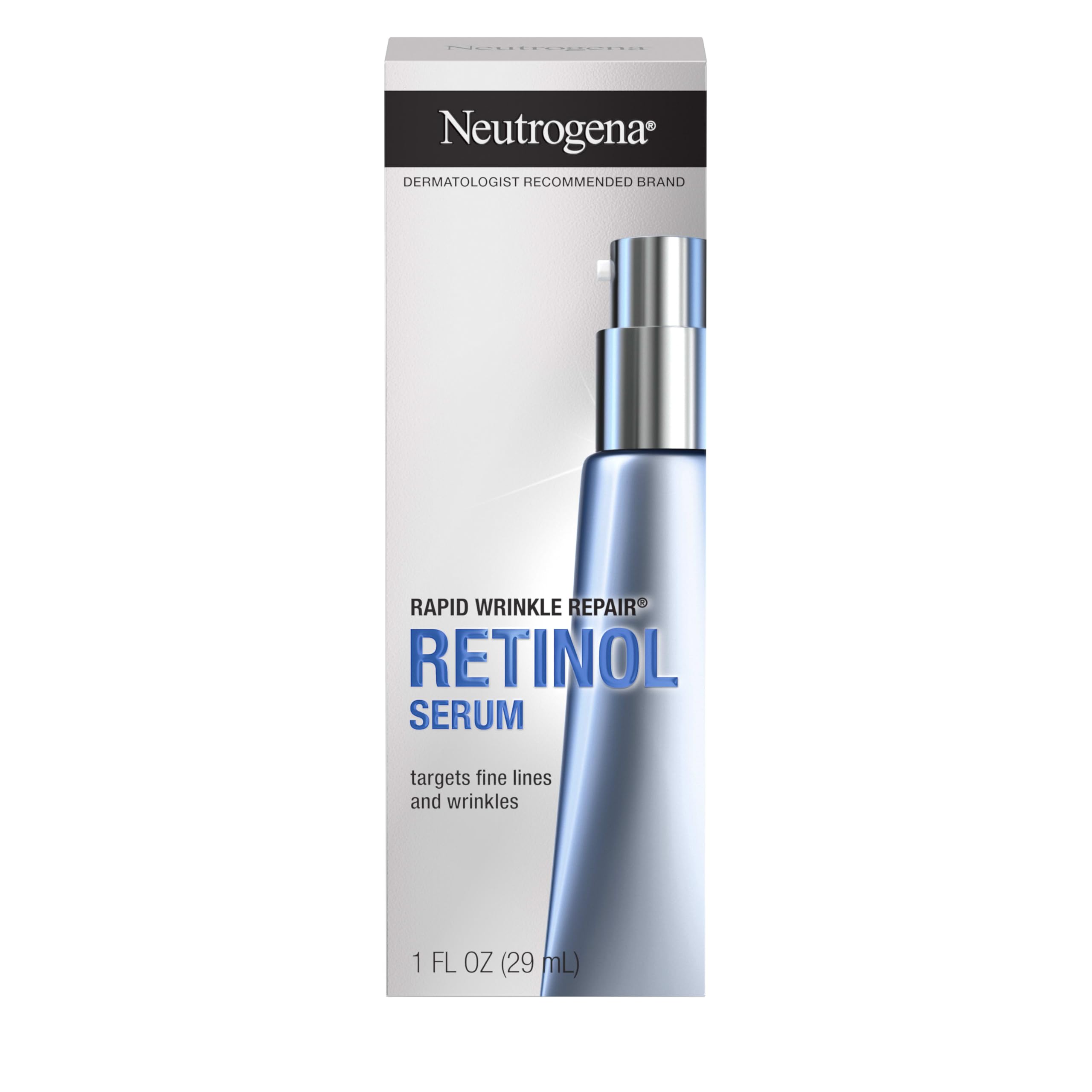 Neutrogena Rapid Wrinkle Repair serum bottle shows retinol formula for smoother skin