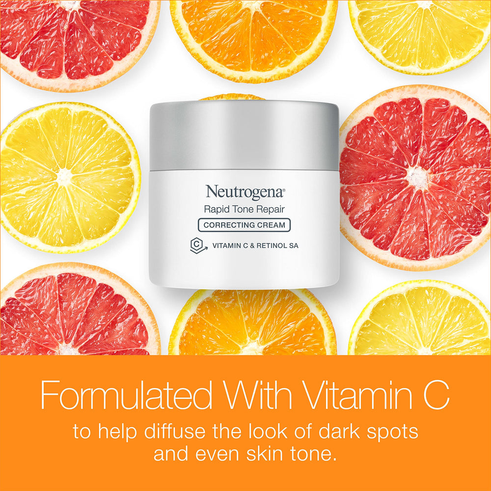 Neutrogena Retinol + Vitamin C Correcting Cream on face with dewy hydration.