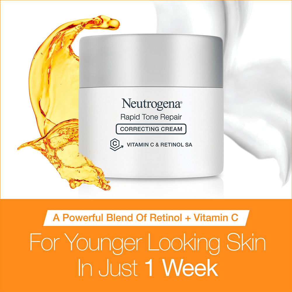 Neutrogena Retinol + Vitamin C Correcting Cream tube applying for smoother skin texture.