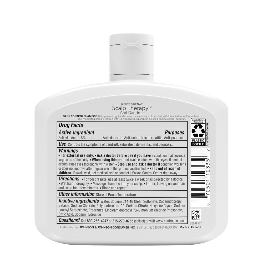 Neutrogena Scalp Therapy 12oz bottle packaging signals long-lasting dandruff care.