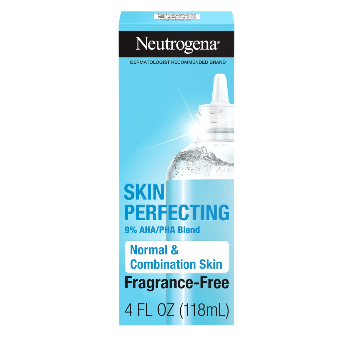 Neutrogena Skin Perfecting exfoliant bottle pour shows oil-free daily exfoliation in action