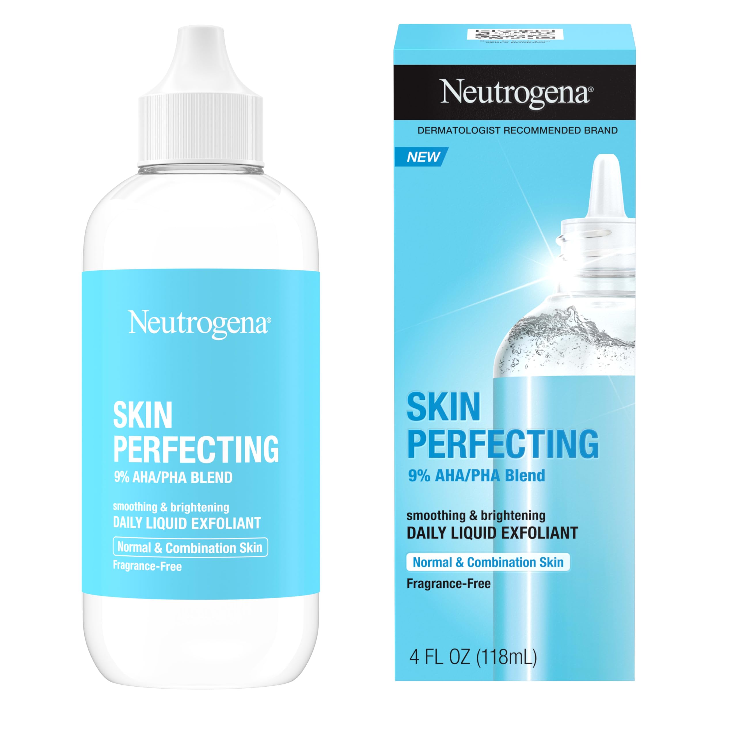 Neutrogena Skin Perfecting exfoliant fragrance-free label detail emphasizes clean formula and fragrance-free design