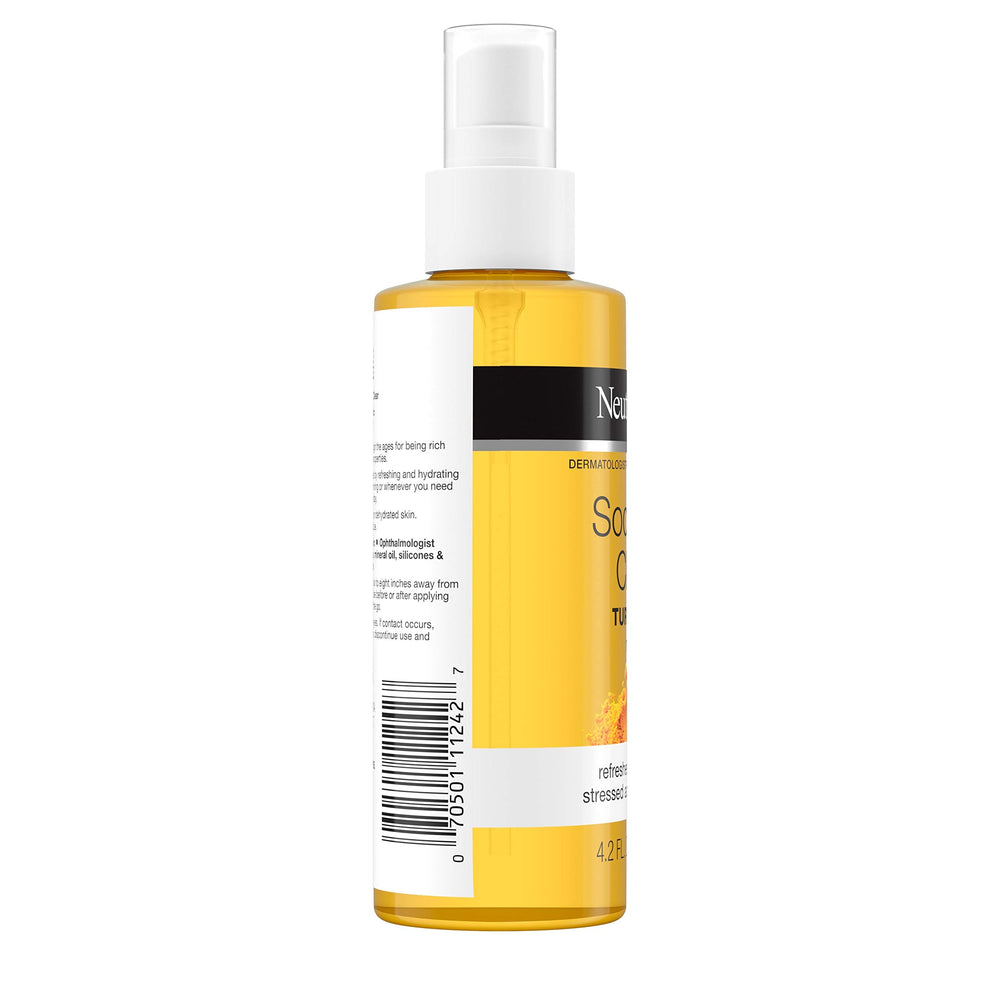 Neutrogena Soothing Clear Turmeric Mist label highlights ophthalmologist-tested skin compatibility.