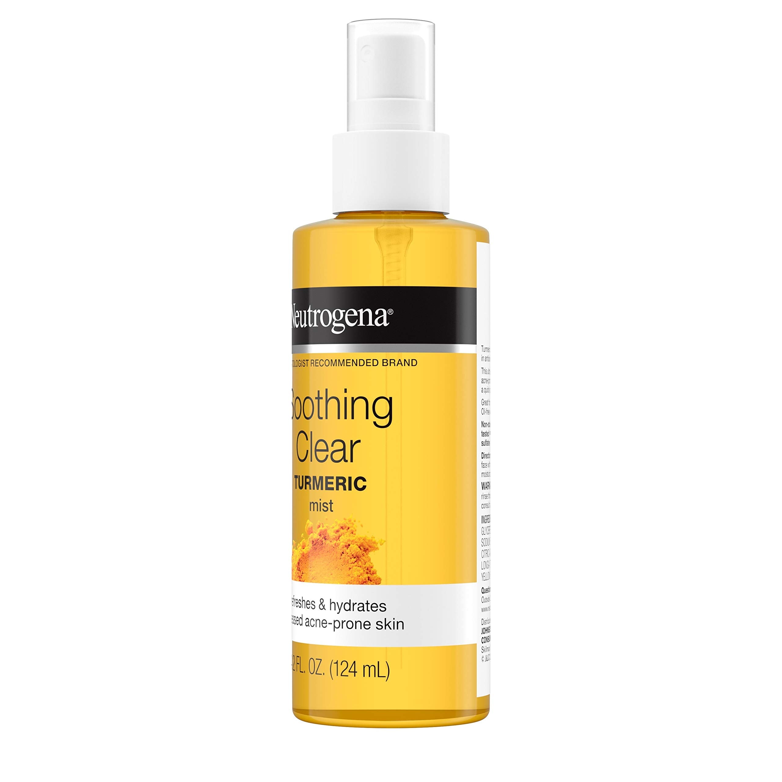 Neutrogena Soothing Clear Turmeric Mist spray demonstrates a fine mist for quick refreshment.