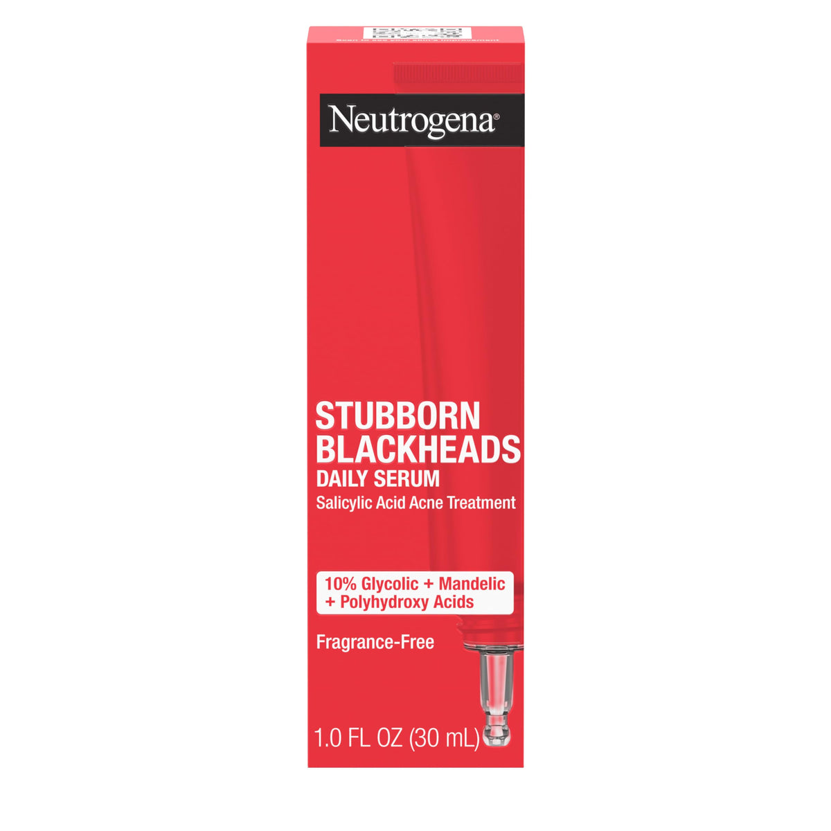 Neutrogena Stubborn Blackheads serum bottle, oil-free formula targets clogged pores for clearer skin.
