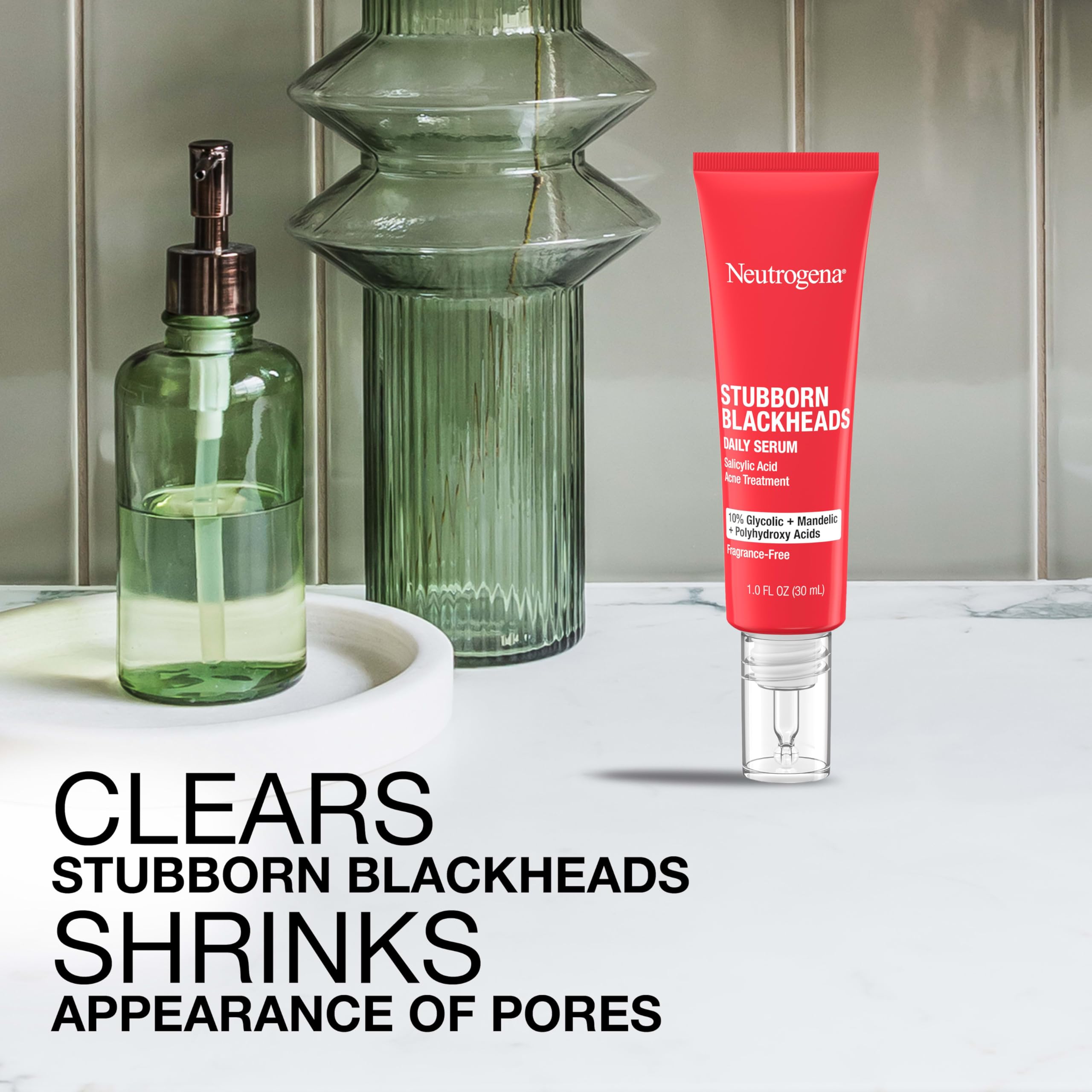 Packaging box of Neutrogena serum highlights fragrance-free, dermatologist-tested claims.
