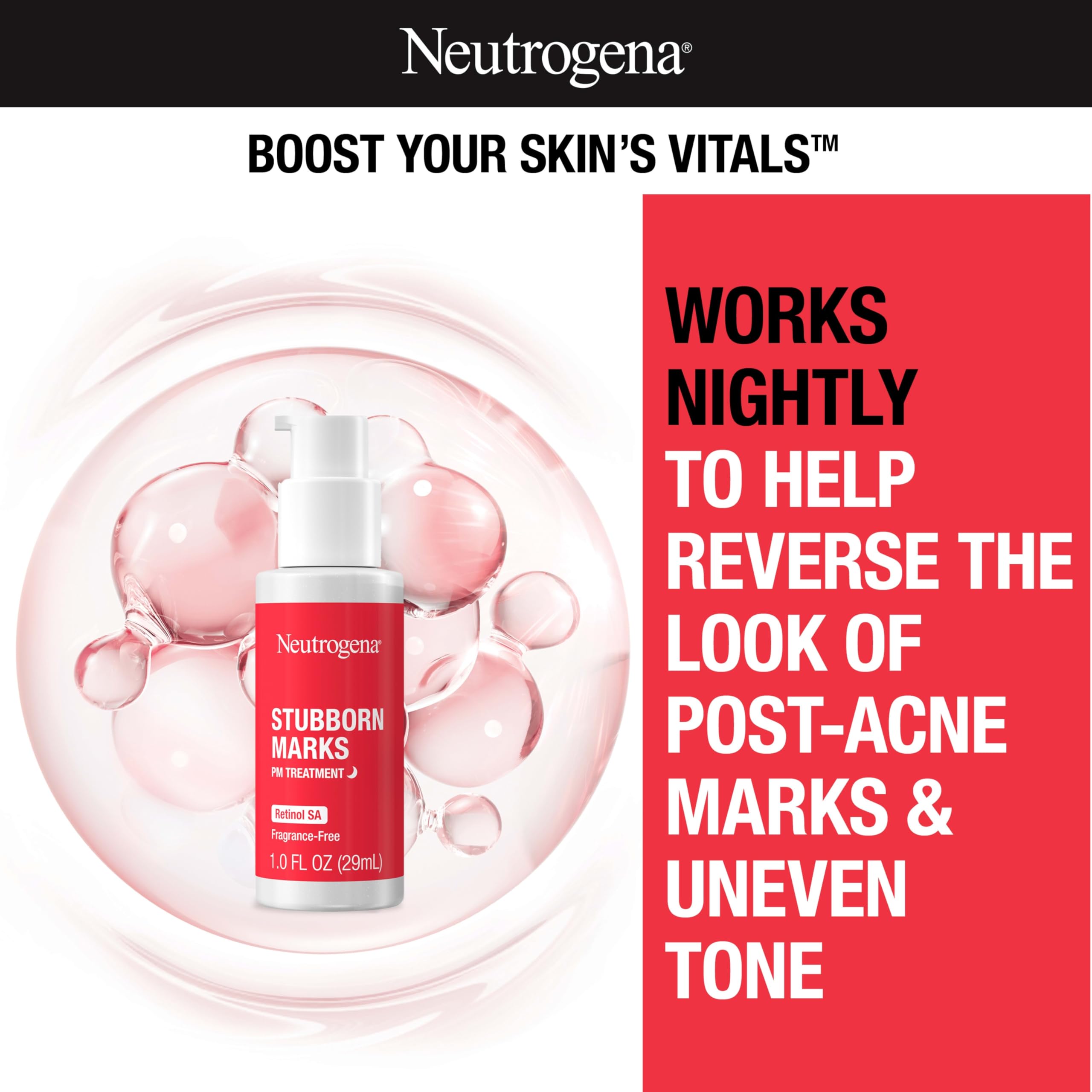 Neutrogena Stubborn Marks PM Treatment application on face highlights smoother texture by morning.