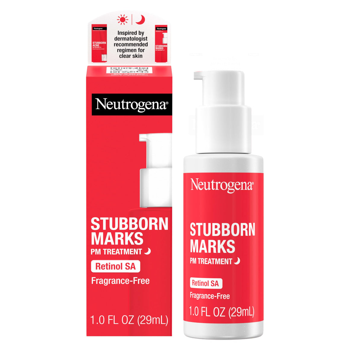 Neutrogena Stubborn Marks PM Treatment bottle promotes overnight exfoliation for brighter, more even skin.