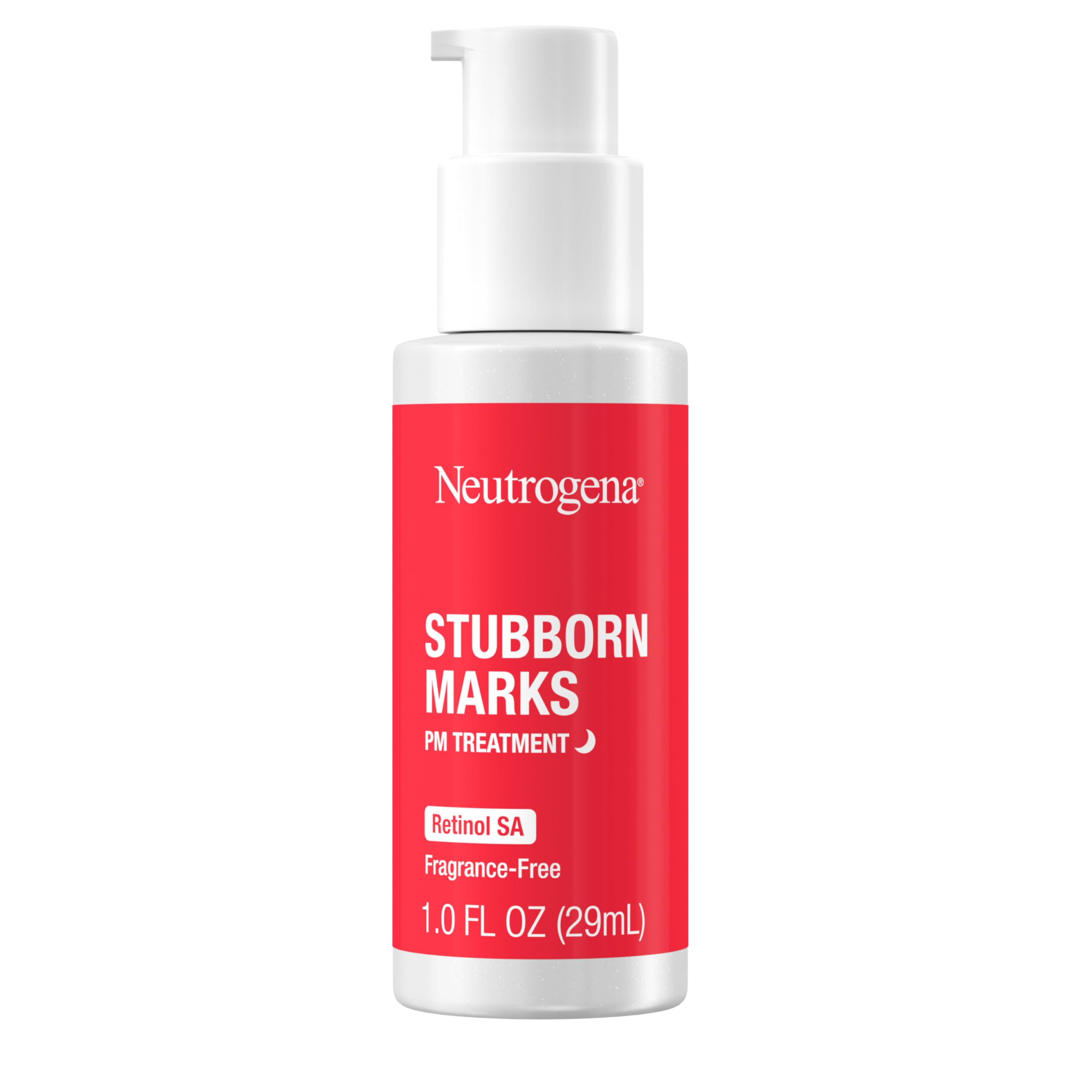 Neutrogena Stubborn Marks PM Treatment label shows non-comedogenic formula suitable for sensitive skin.