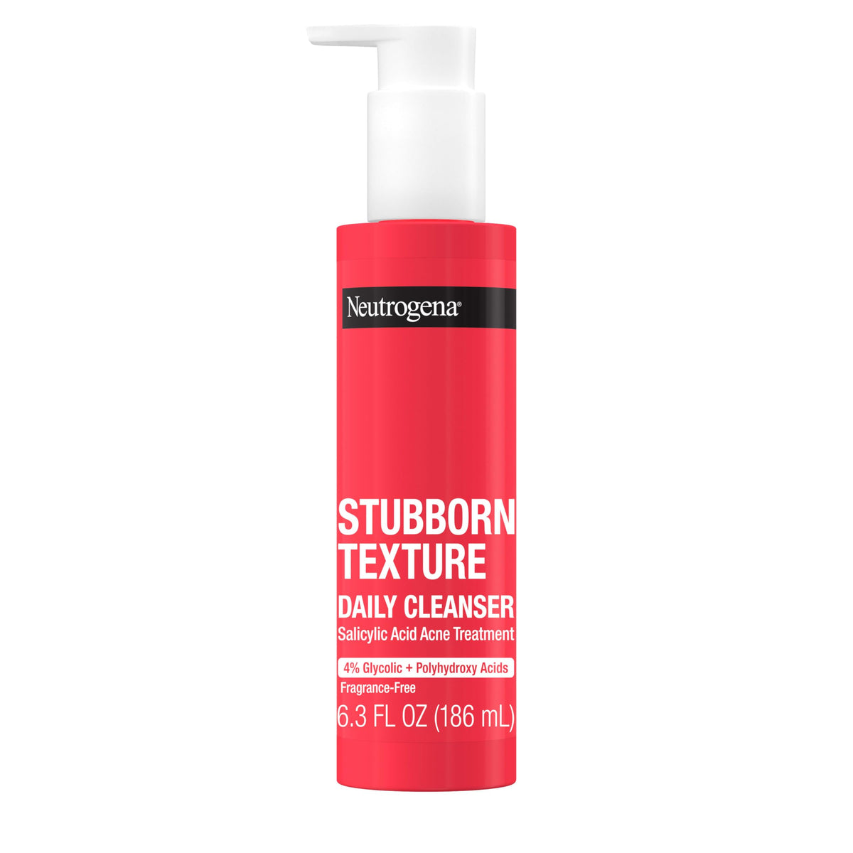 Neutrogena Stubborn Texture cleanser bottle front supports acne-prone skin daily.