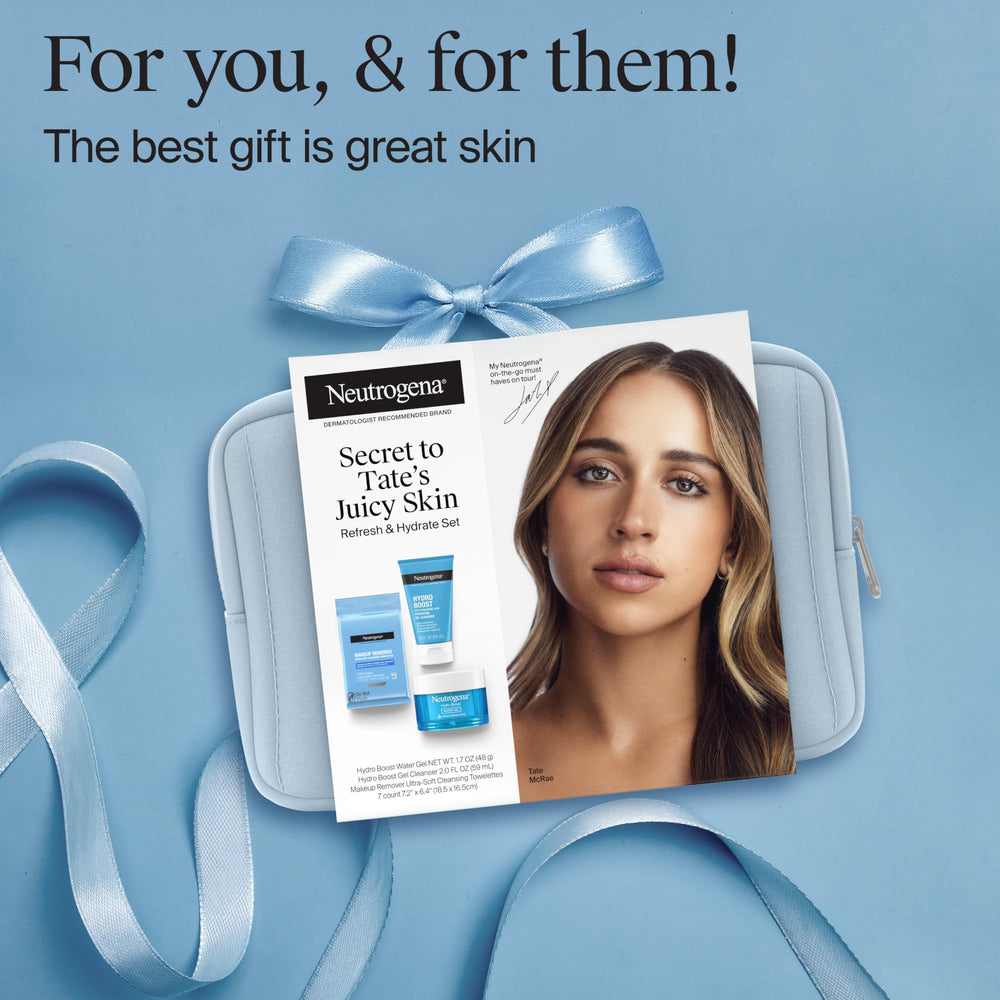 Neutrogena travel-size skin care set on a minimal flat lay for easy packing.
