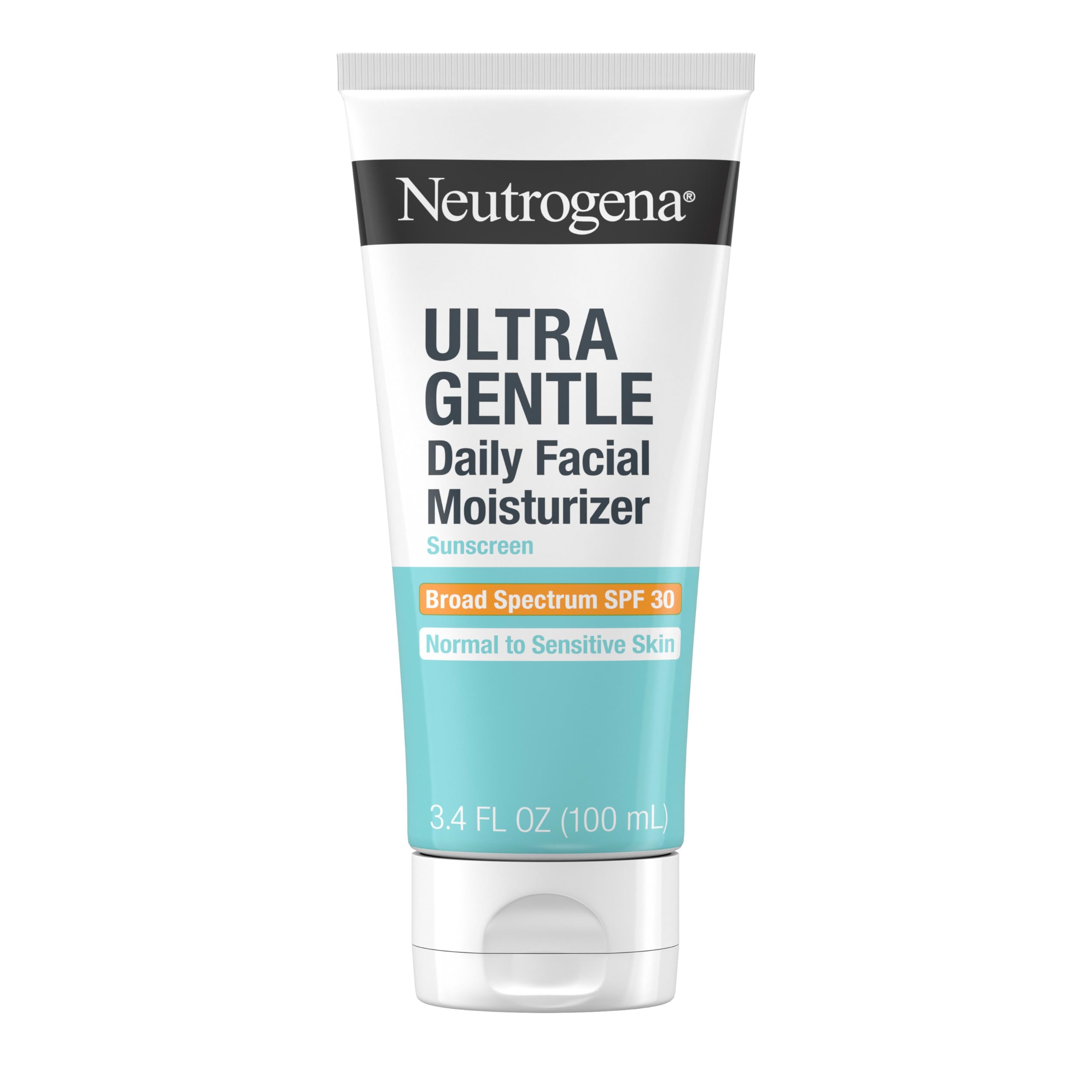 Neutrogena Ultra Gentle SPF30 moisturizer tube, fragrance-free for sensitive skin and daily protection.