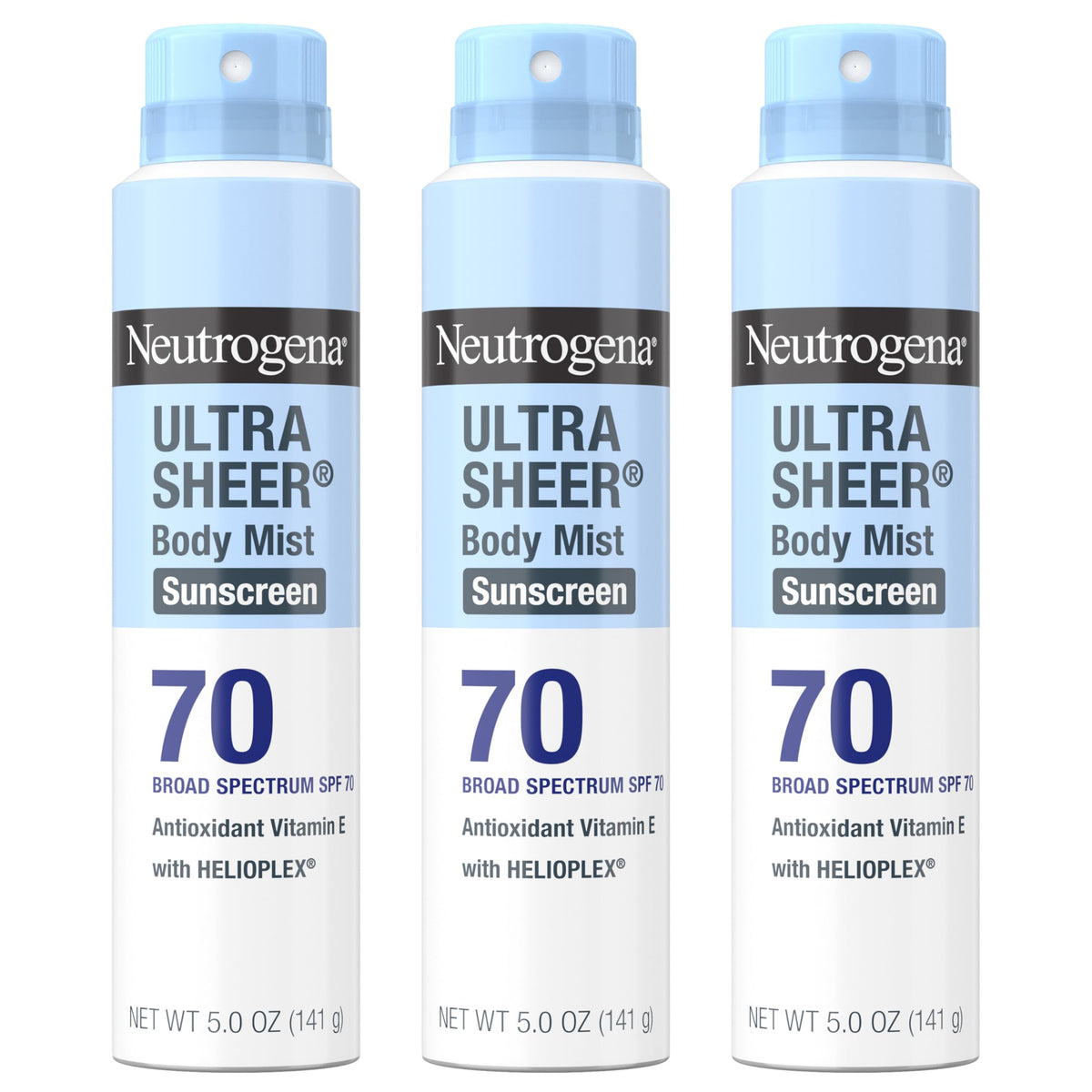 Neutrogena Ultra Sheer Body Mist front-pack showing lightweight SPF 70 protection