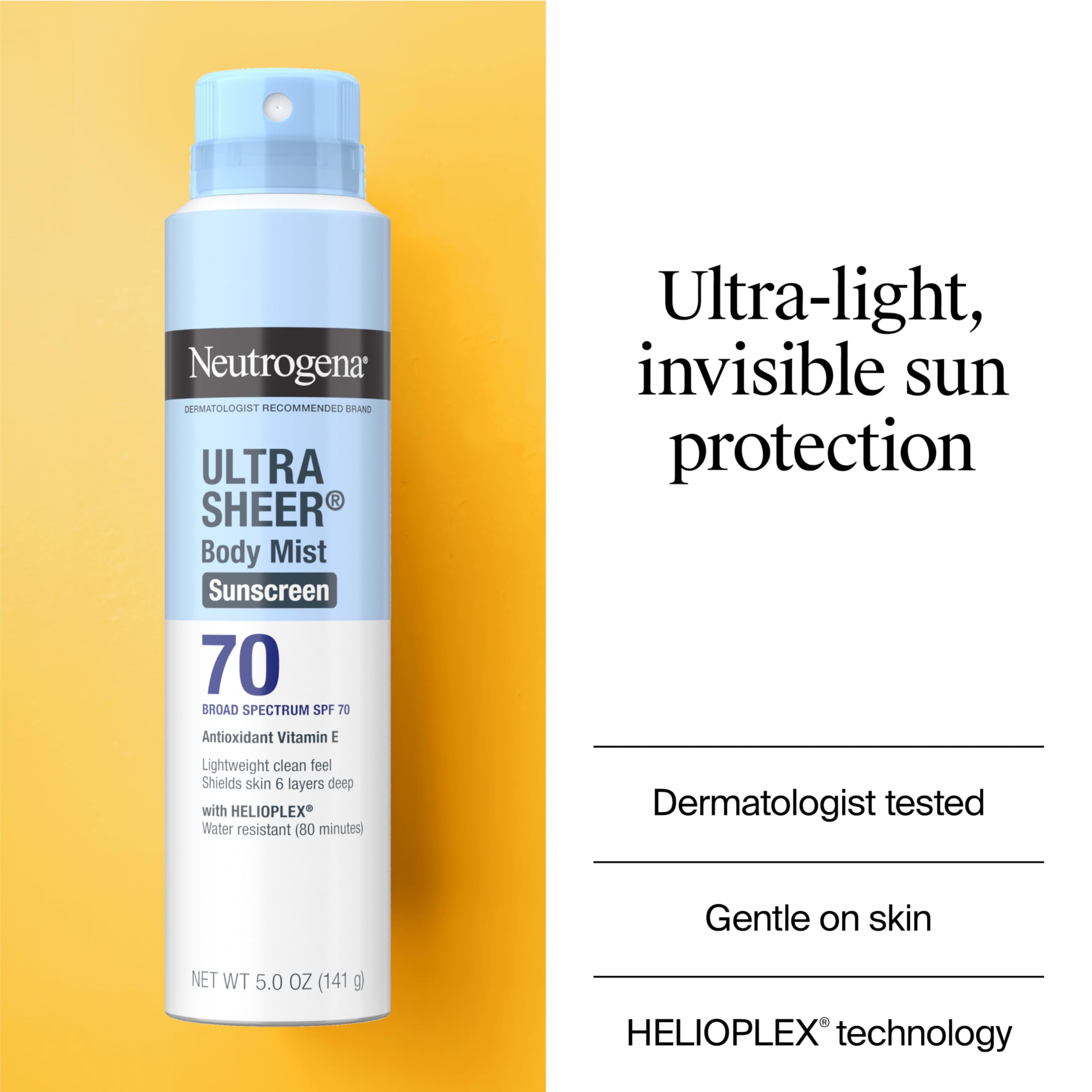 Neutrogena Ultra Sheer Body Mist three-pack packaging highlights travel-friendly sunscreen