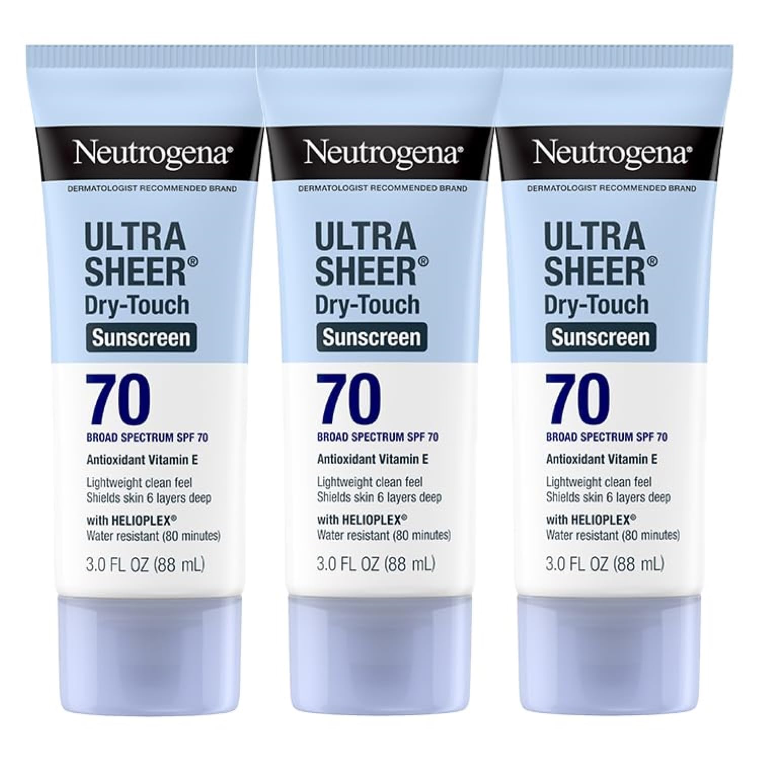 Neutrogena Ultra Sheer Sunscreen bottle front, offering SPF 70 protection for outdoors.