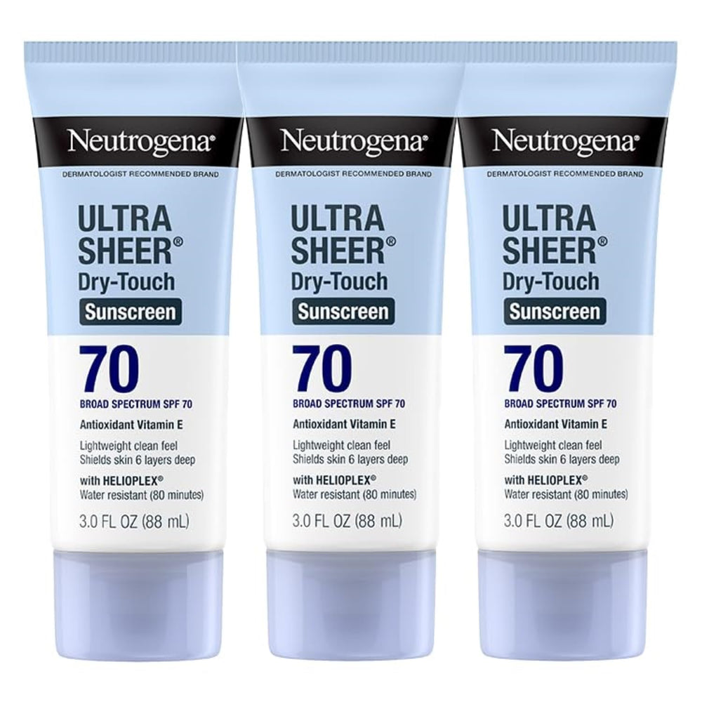 Neutrogena Ultra Sheer Sunscreen bottle front, offering SPF 70 protection for outdoors.