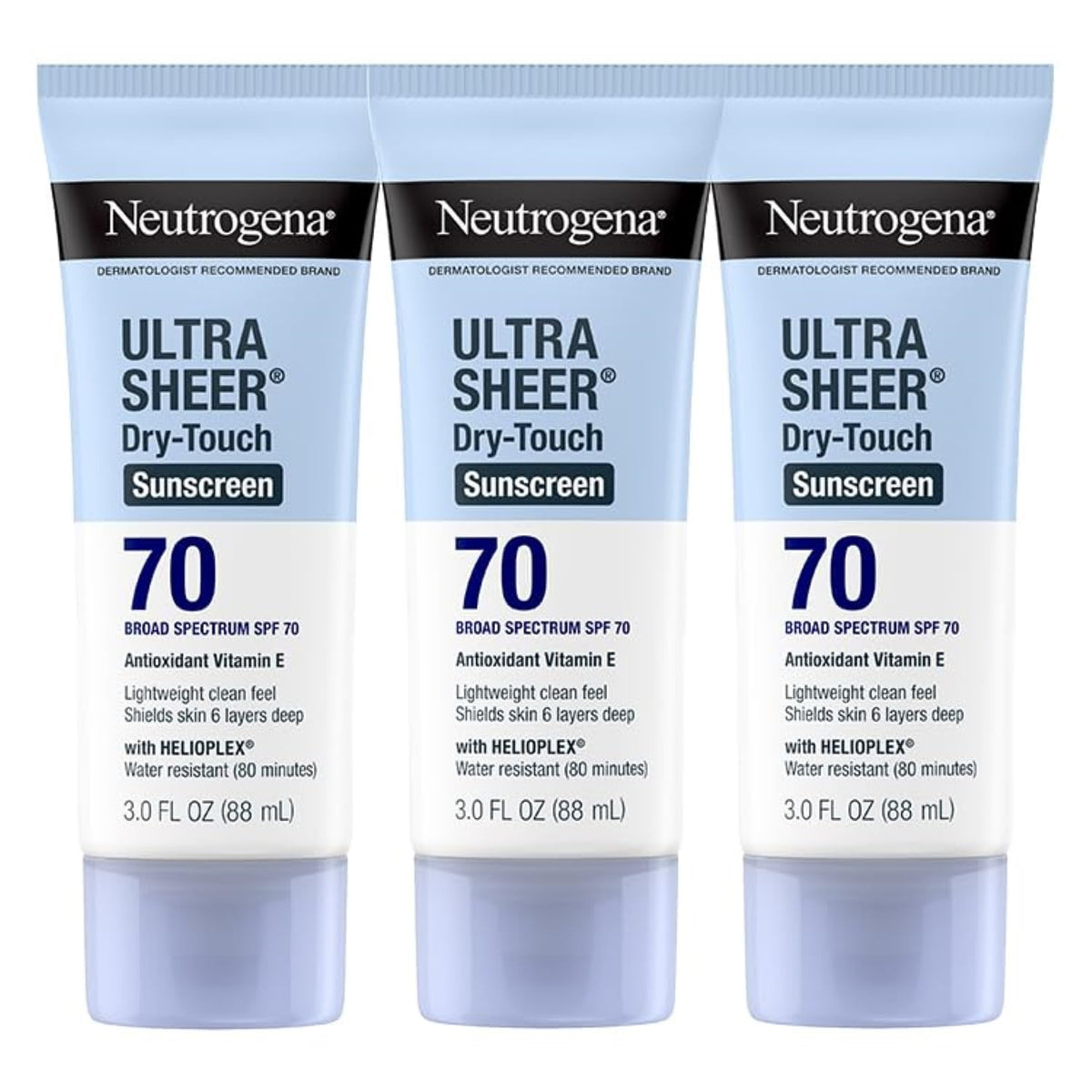 Neutrogena Ultra Sheer Sunscreen bottle front, offering SPF 70 protection for outdoors.