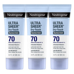 Neutrogena Ultra Sheer Sunscreen bottle front, offering SPF 70 protection for outdoors.