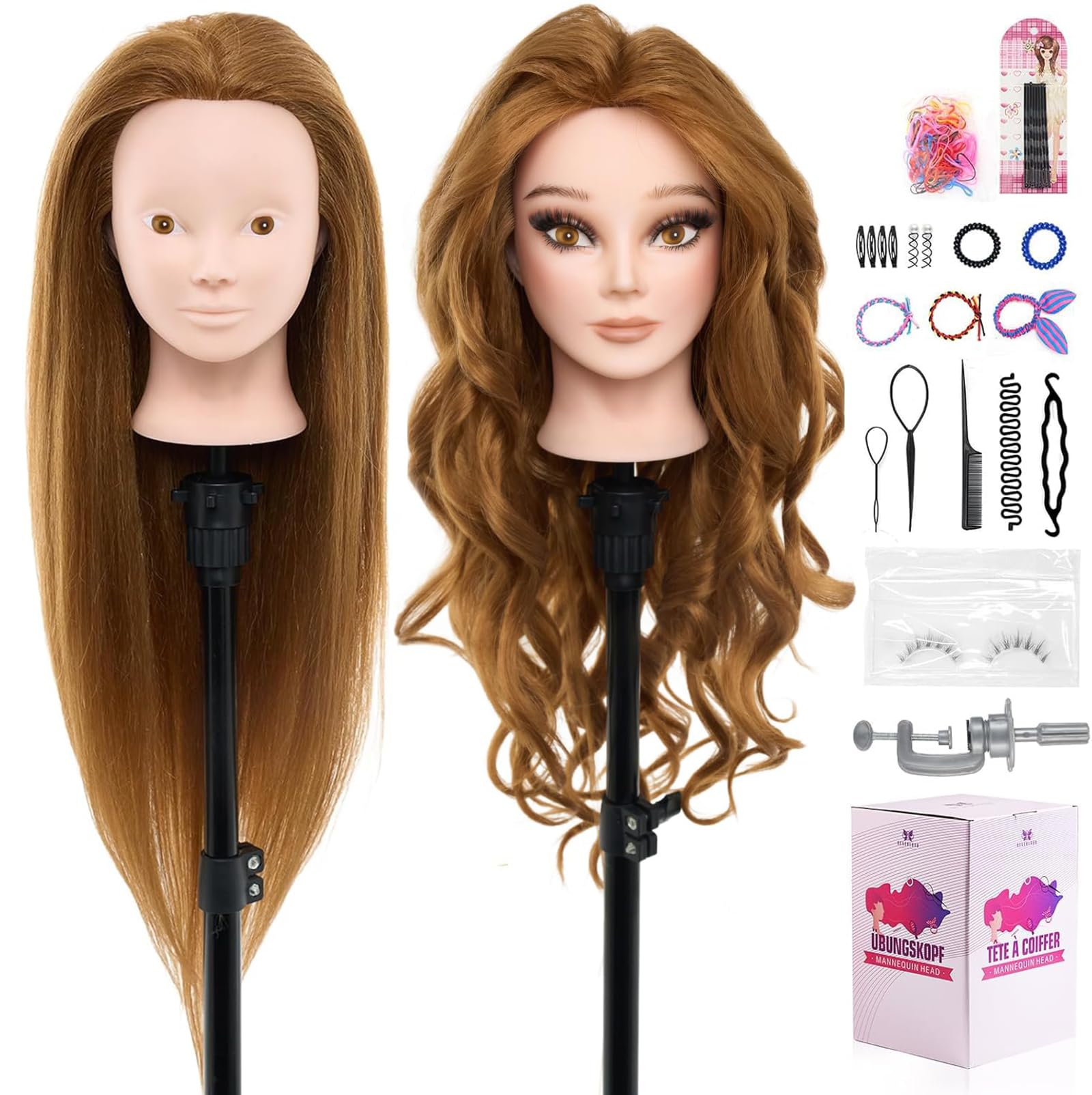 Neverland 28-inch head front view with 80% real hair for braiding practice.