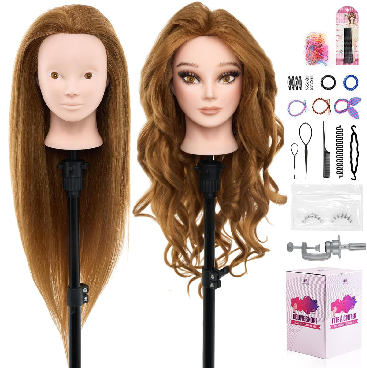 Neverland 28-inch head front view with 80% real hair for braiding practice.