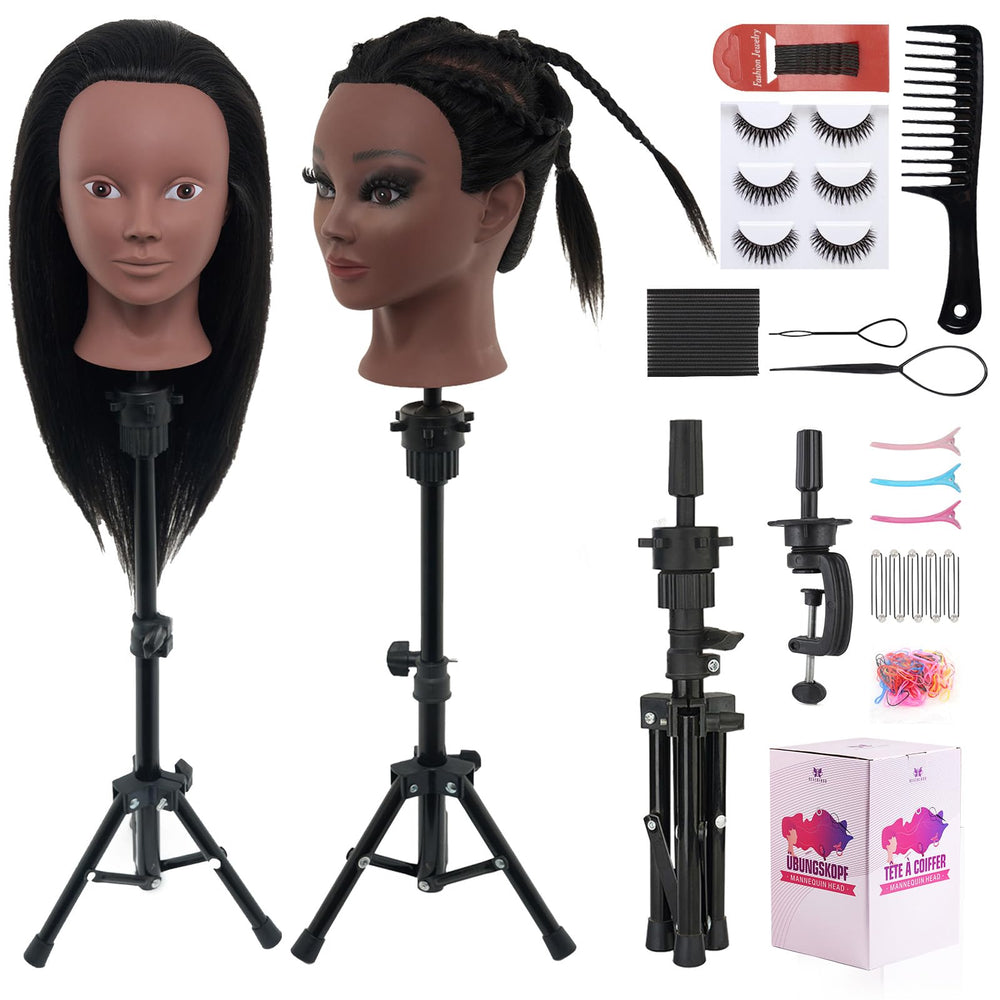 Neverland Beauty 18-inch mannequin head with real hair on stable stand for makeup practice.