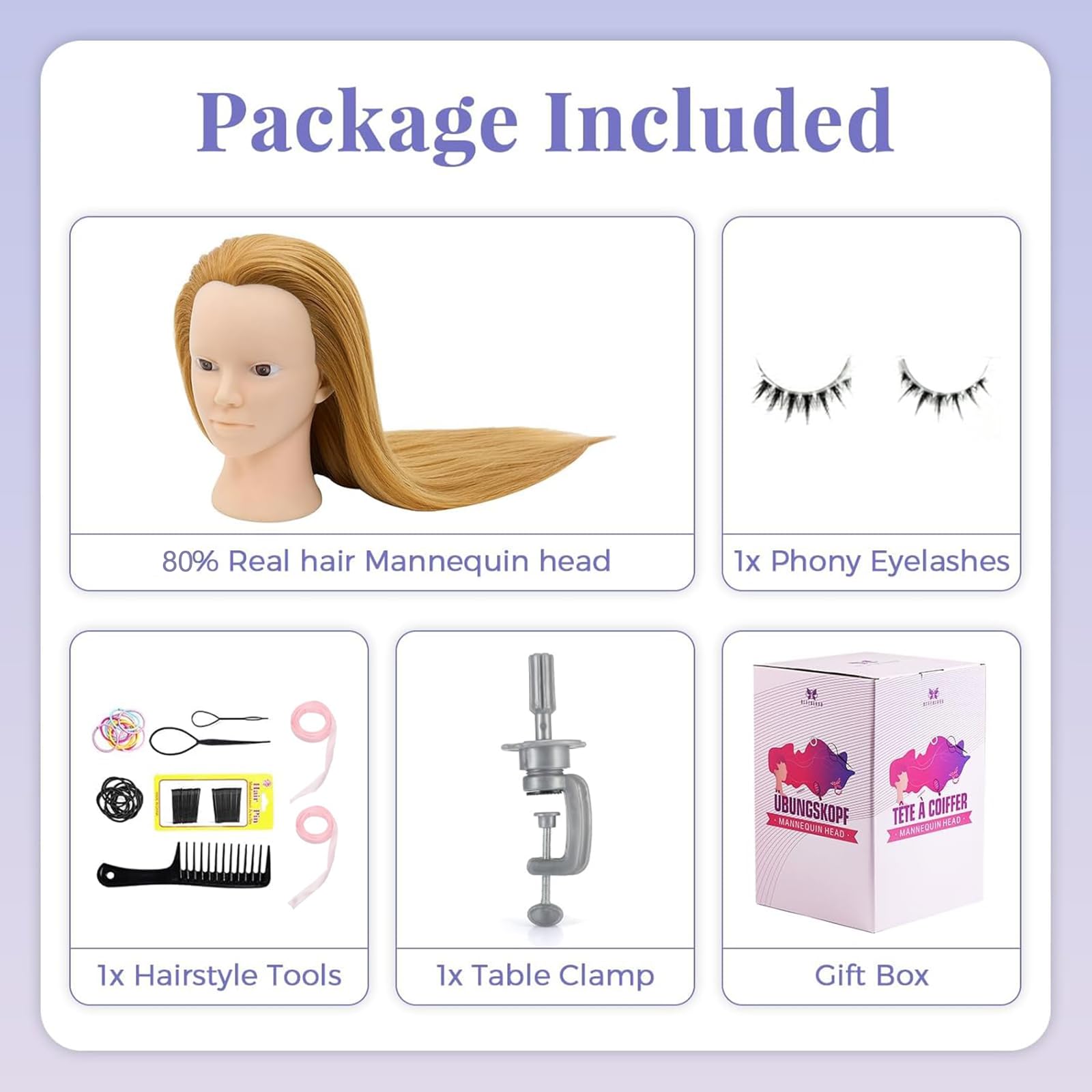 Neverland Beauty & Health head with false eyelashes for complete makeup looks.