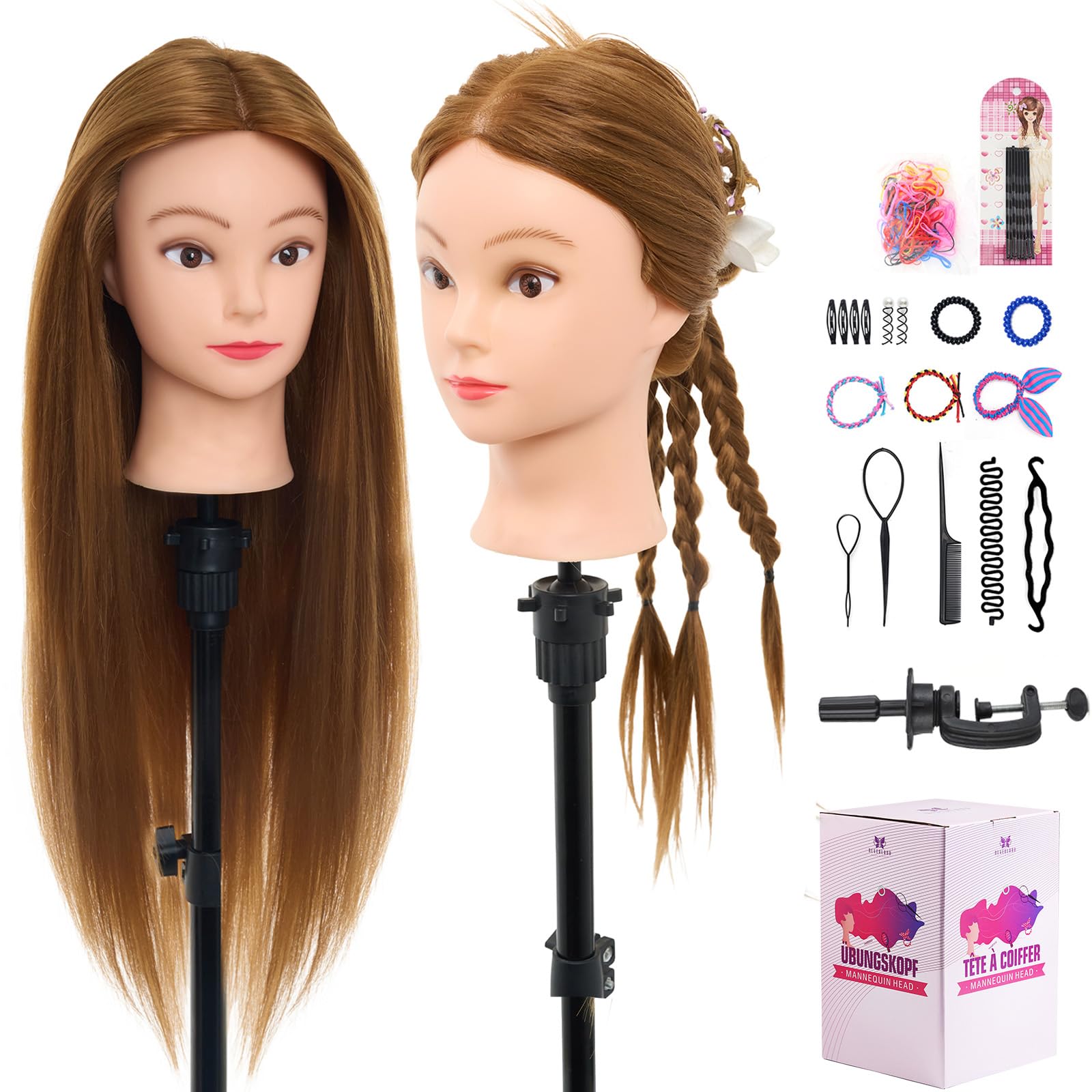 Neverland Beauty mannequin head with 28-inch 80% human hair for versatile styling practice.