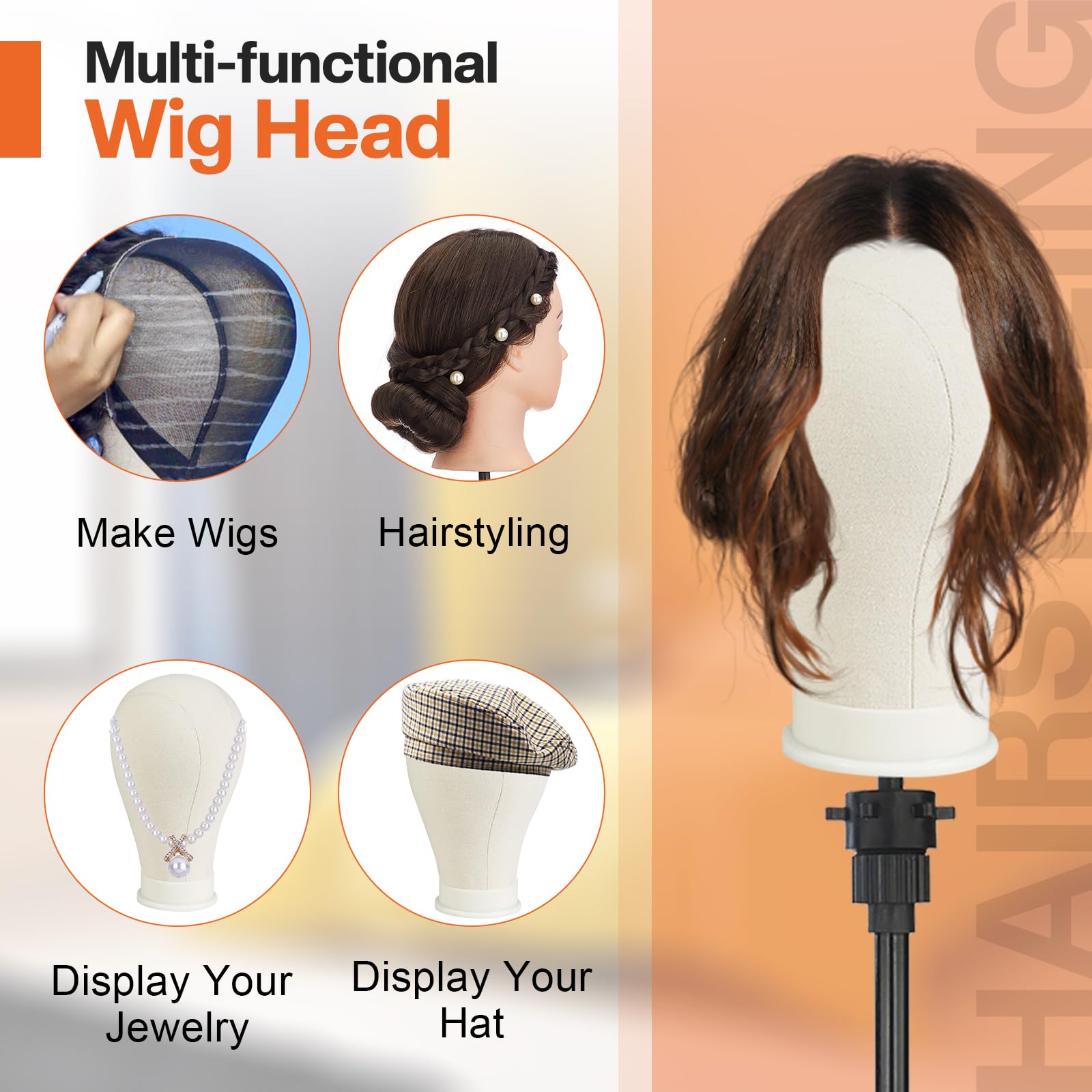 Neverland canvas wig stand with durable exterior and foam core supports long styling sessions.