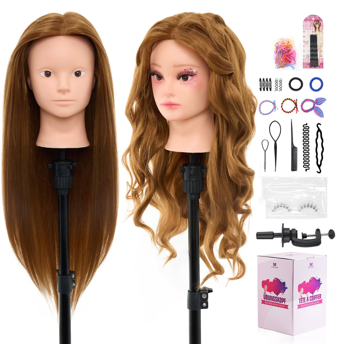 Neverland Beauty & Health mannequin head 28-inch with real hair for realistic styling practice.