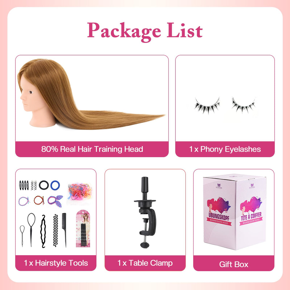Neverland Beauty & Health packaged head includes clamp, lashes, and tools for practice.