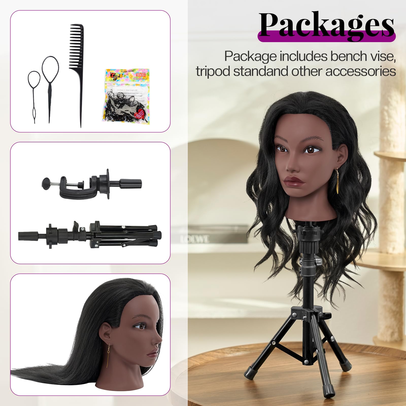 Neverland mannequin head stand with table clamp keeps hands free during sessions.