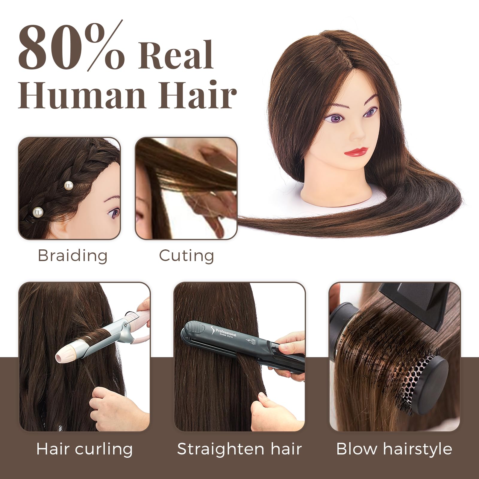 Neverland Beauty & Health mannequin head on tripod stand for stable styling sessions.